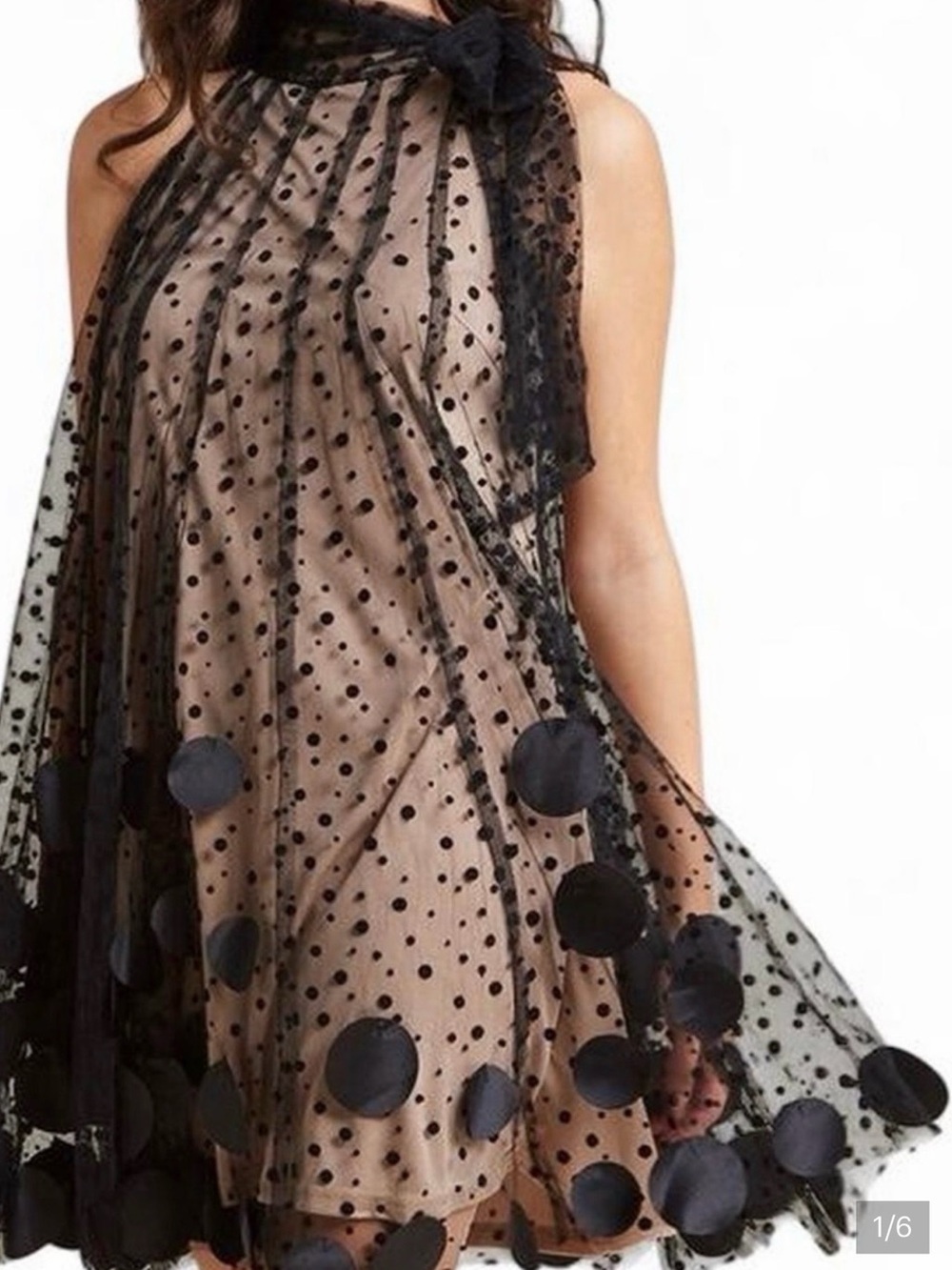 New- Altar'd State Black Polka Dot Overlay Dress with Nude Lining and Bow Neck